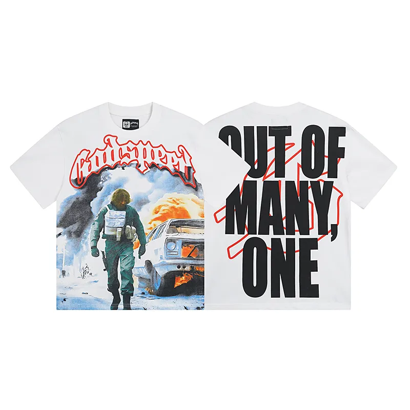 3006# P110 Real shot Godspeed American fashion rock street retro loose printed cotton short sleeves Fabric: 240g 32 count fine cotton double yarn pure cotton Color: off-white Size: S M L XL