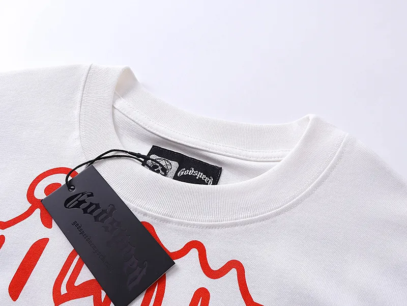 3006# P110 Real shot Godspeed American fashion rock street retro loose printed cotton short sleeves Fabric: 240g 32 count fine cotton double yarn pure cotton Color: off-white Size: S M L XL