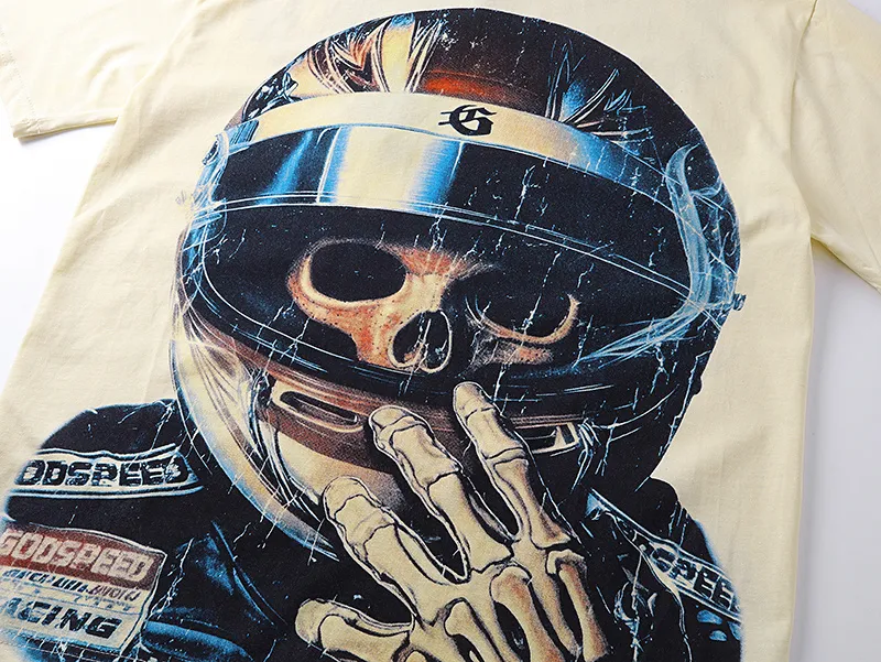 3171# P106 Real shot Godspeed American fashion rock street retro loose printed cotton short sleeves Fabric: 240g 32 count fine cotton double yarn pure cotton Color: apricot Size: S M L XL