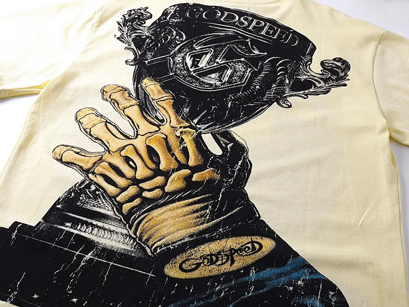 3171# P106 Real shot Godspeed American fashion rock street retro loose printed cotton short sleeves Fabric: 240g 32 count fine cotton double yarn pure cotton Color: apricot Size: S M L XL