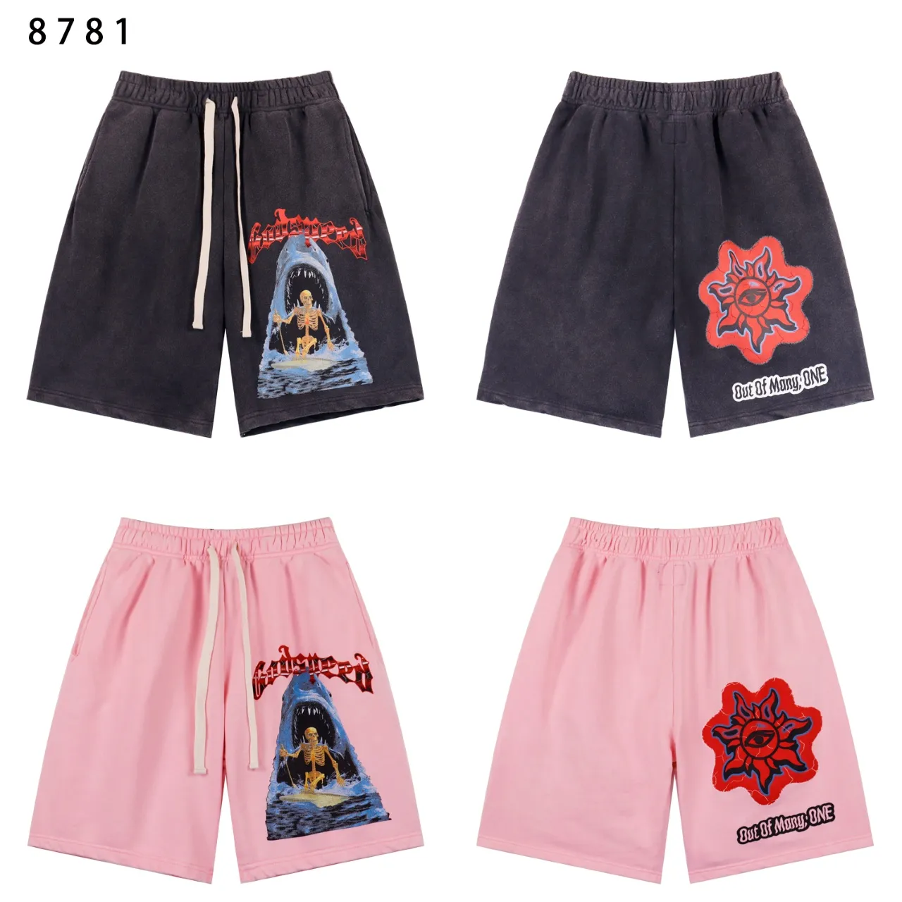 Style No.: 8781 Fabric: 380g washed P150 Real shot in stock American trendy Godspeed printed high quality double yarn casual fashion brand washed distressed shorts Color; washed black washed pink Size: S M L XL