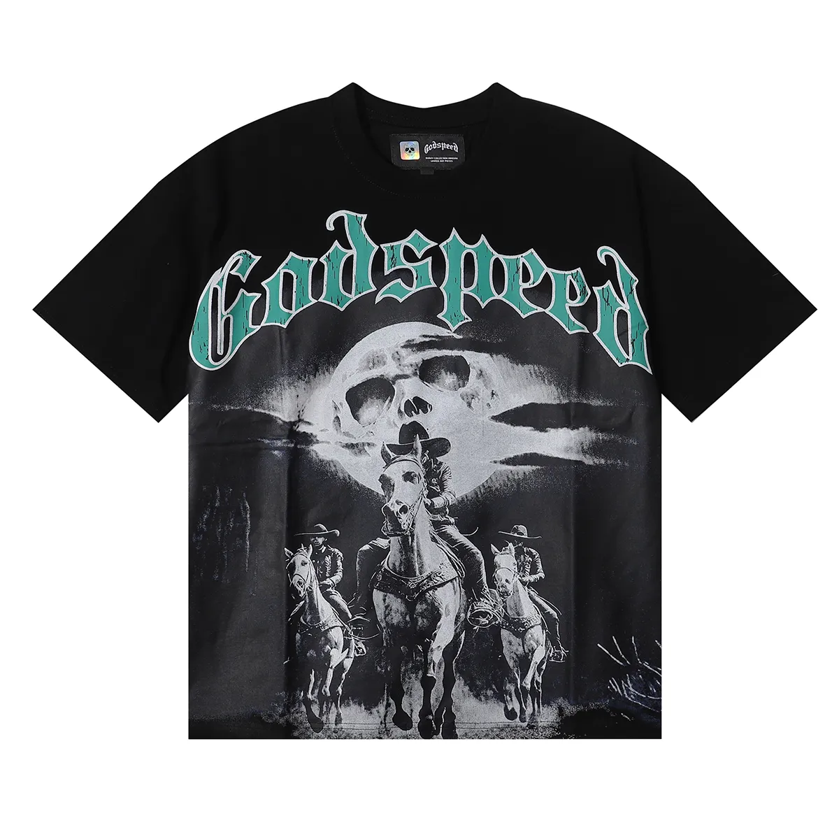 No. 7001, Mechao Godspeed western denim horse print high weight double yarn pure cotton casual short-sleeved T-shirt batch 110 Color: black, gray; Size: S M L XL