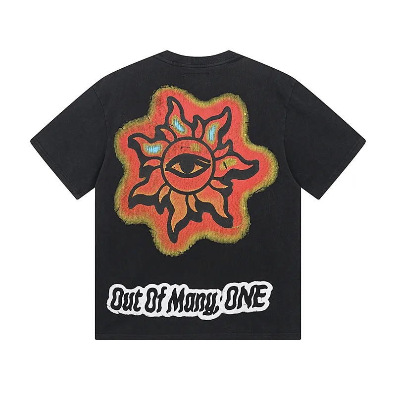 1035# P126 Washed Black Real Shot Godspeed American Fashion Rock Street Retro Washed Distressed Printed Pure Cotton Short Sleeves Fabric: 250g 32 Count Fine Cotton Double Yarn Pure Cotton Color: Washed Black Size: S M L XL