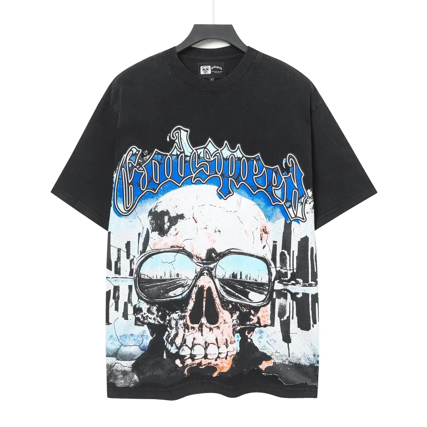 6061#washed black｜P116 Godspeed cross-border American rock and roll street washed retro style short-sleeved T (craft printing) fabric (fabric): 32 count combed double yarn 250g weight code number (size): S-M-L-XL color (colour): washed black