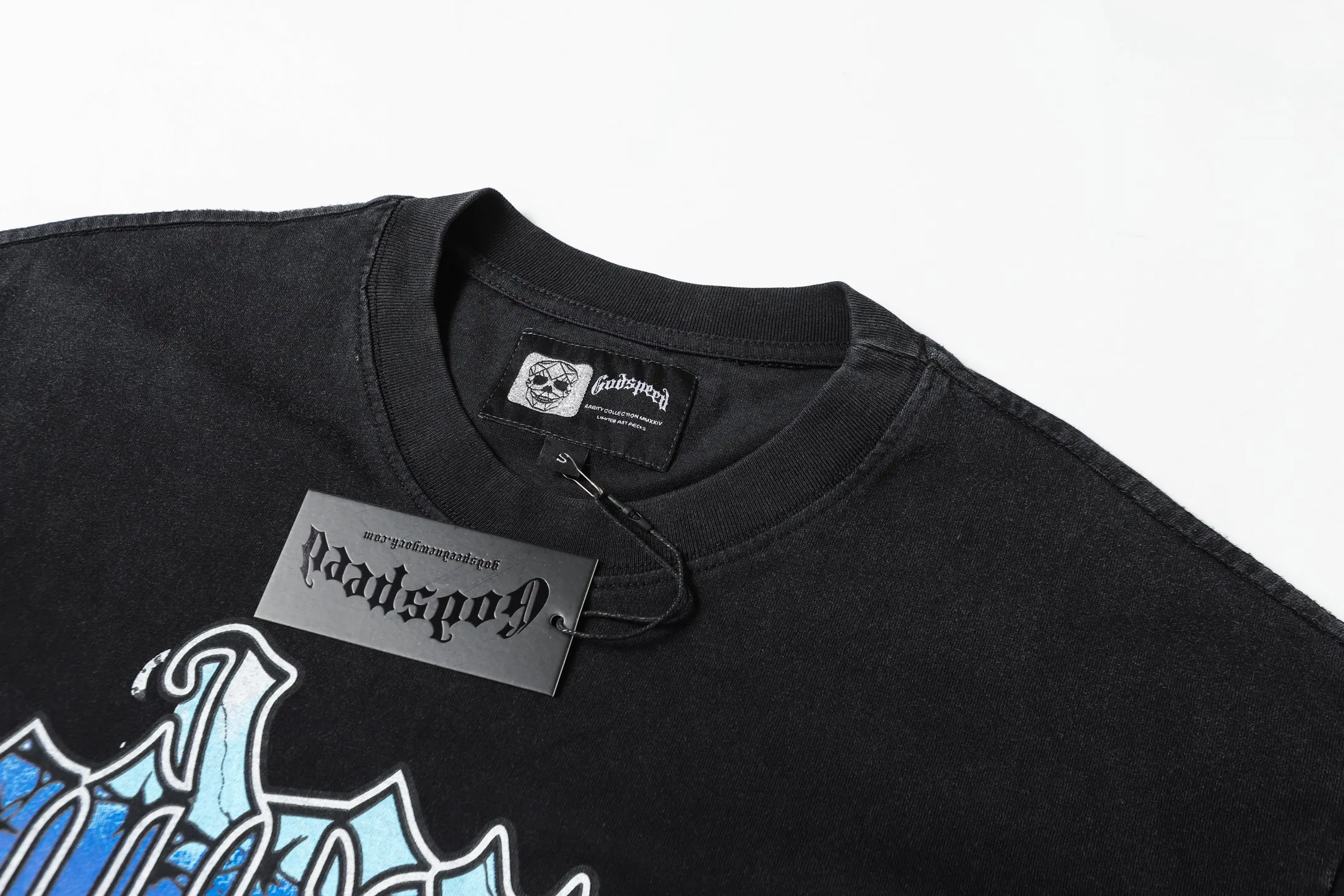6061#washed black｜P116 Godspeed cross-border American rock and roll street washed retro style short-sleeved T (craft printing) fabric (fabric): 32 count combed double yarn 250g weight code number (size): S-M-L-XL color (colour): washed black