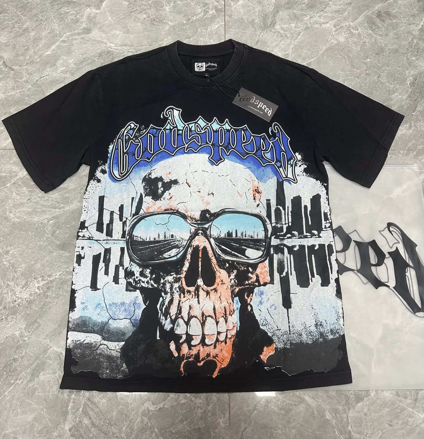 6061#washed black｜P116 Godspeed cross-border American rock and roll street washed retro style short-sleeved T (craft printing) fabric (fabric): 32 count combed double yarn 250g weight code number (size): S-M-L-XL color (colour): washed black
