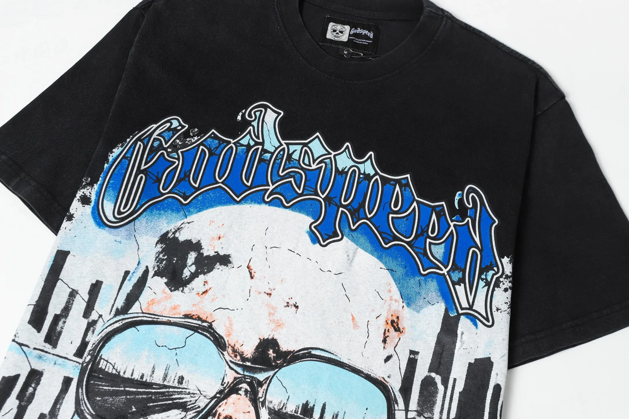 6061#washed black｜P116 Godspeed cross-border American rock and roll street washed retro style short-sleeved T (craft printing) fabric (fabric): 32 count combed double yarn 250g weight code number (size): S-M-L-XL color (colour): washed black