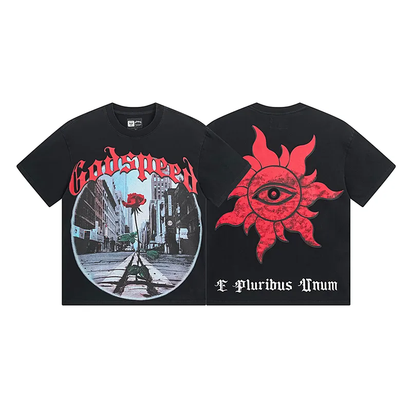 1051# P126 Washed Black Real Shot Godspeed American Fashion Rock Street Retro Washed Distressed Printed Pure Cotton Short Sleeves Fabric: 250g 32 Count Fine Cotton Double Yarn Pure Cotton Color: Washed Black Size: S M L XL