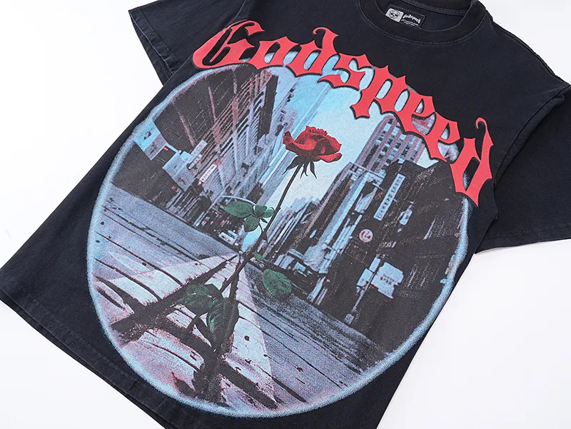 1051# P126 Washed Black Real Shot Godspeed American Fashion Rock Street Retro Washed Distressed Printed Pure Cotton Short Sleeves Fabric: 250g 32 Count Fine Cotton Double Yarn Pure Cotton Color: Washed Black Size: S M L XL