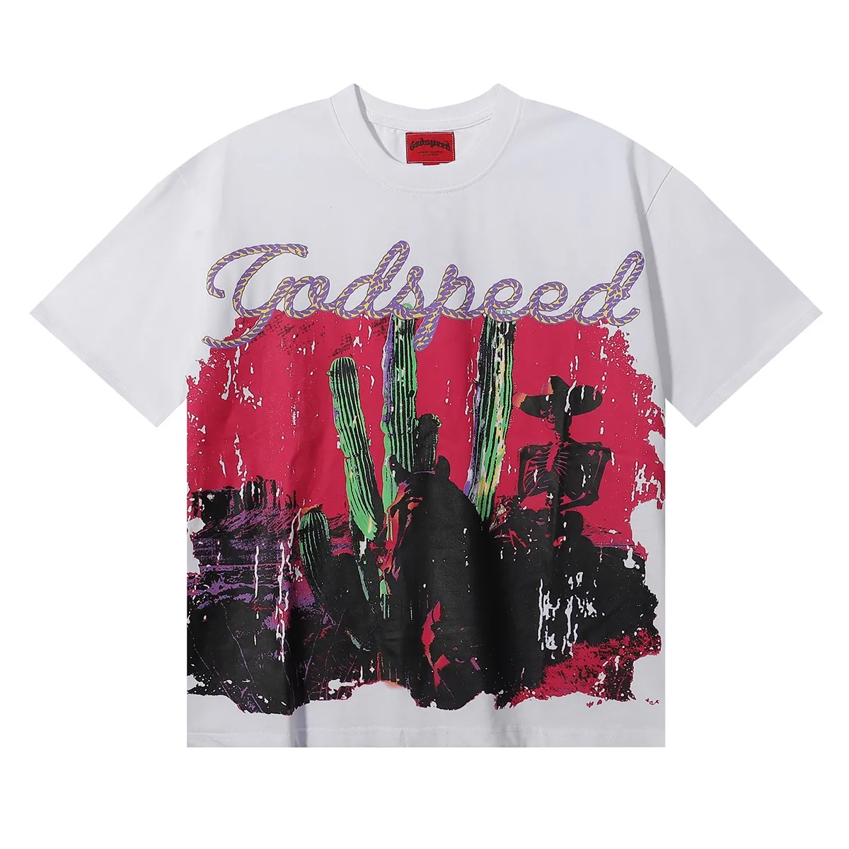 No. 7016, Mechao Godspeed western skull denim cactus print high quality double yarn pure cotton casual short-sleeved T-shirt batch 110 Color: black, white; Size: S M L XL