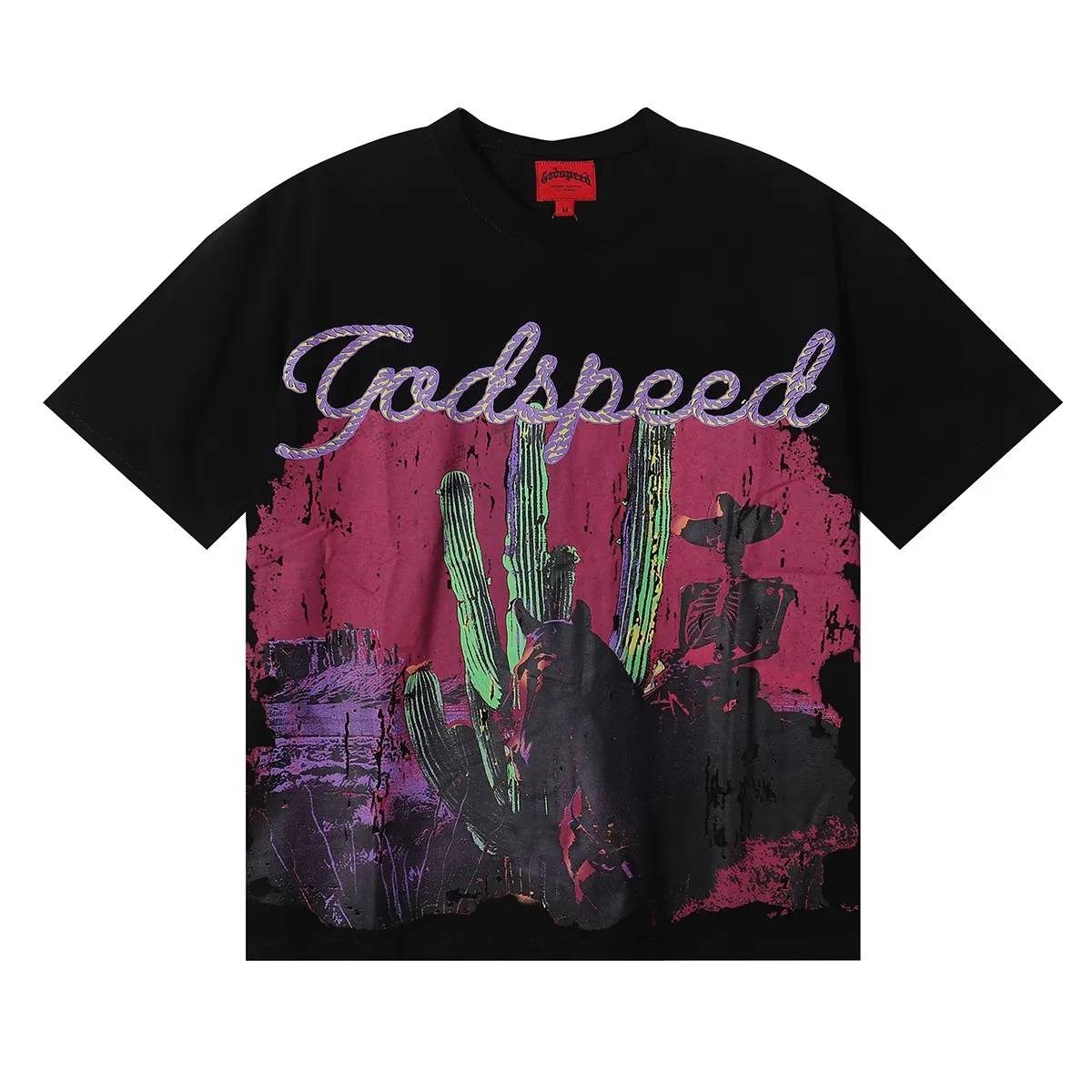 No. 7016, Mechao Godspeed western skull denim cactus print high quality double yarn pure cotton casual short-sleeved T-shirt batch 110 Color: black, white; Size: S M L XL