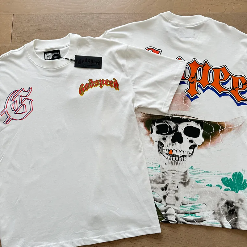 3018# P110 Real shot Godspeed American fashion rock street retro loose printed cotton short sleeves Fabric: 240g 32 count fine cotton double yarn pure cotton Color: off-white Size: S M L XL