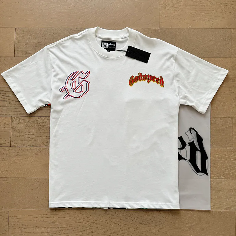 3018# P110 Real shot Godspeed American fashion rock street retro loose printed cotton short sleeves Fabric: 240g 32 count fine cotton double yarn pure cotton Color: off-white Size: S M L XL