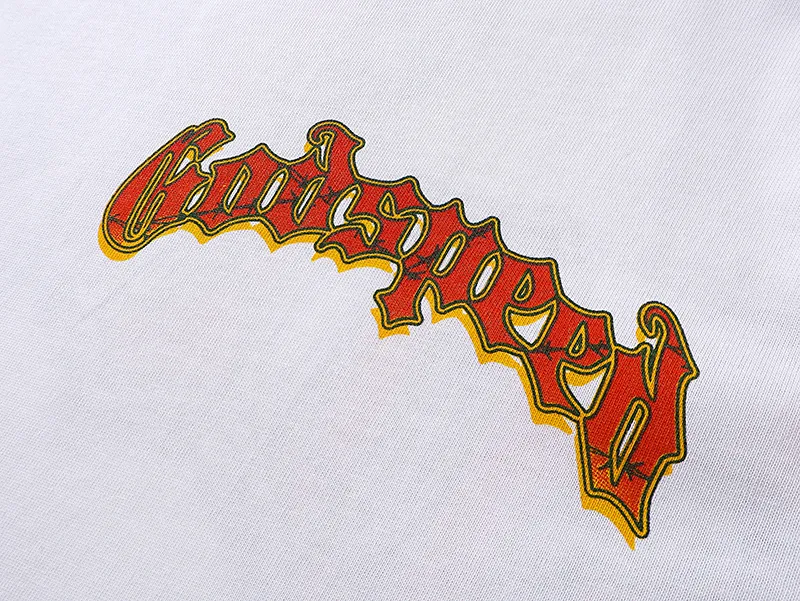 3018# P110 Real shot Godspeed American fashion rock street retro loose printed cotton short sleeves Fabric: 240g 32 count fine cotton double yarn pure cotton Color: off-white Size: S M L XL