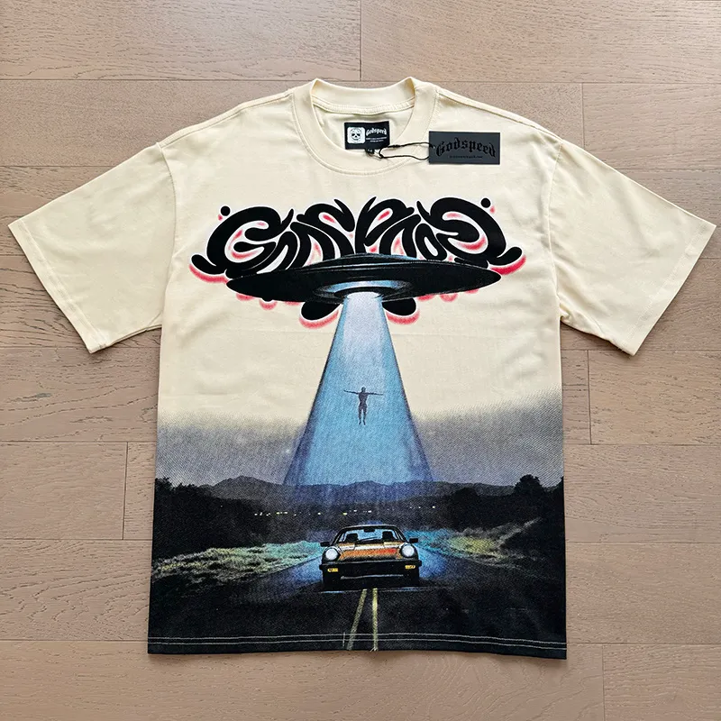 3172# P106 Real shot Godspeed American fashion rock street retro loose printed cotton short sleeves Fabric: 240g 32 count fine cotton double yarn pure cotton Color: apricot Size: S M L XL