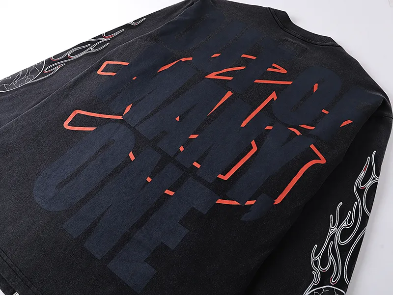1098# P160 Washed Black Real Shot Godspeed American Fashion Rock Street Retro Washed Distressed Printed Pure Cotton Short Sleeves Fabric: 270g 32 Count Fine Cotton Double Yarn Pure Cotton Color: Washed Black Size: S M L XL