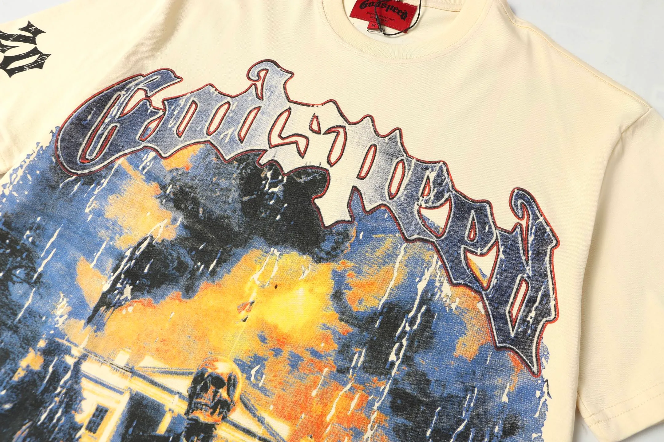 5051# White/Apricot | P104 Godspeed cross-border American rock and roll street washed retro style short-sleeved T (craft print) Fabric (fabric): 32-count combed double yarn 240 grams weight Size (size): S-M-L-XL Color (colour): white, apricot,