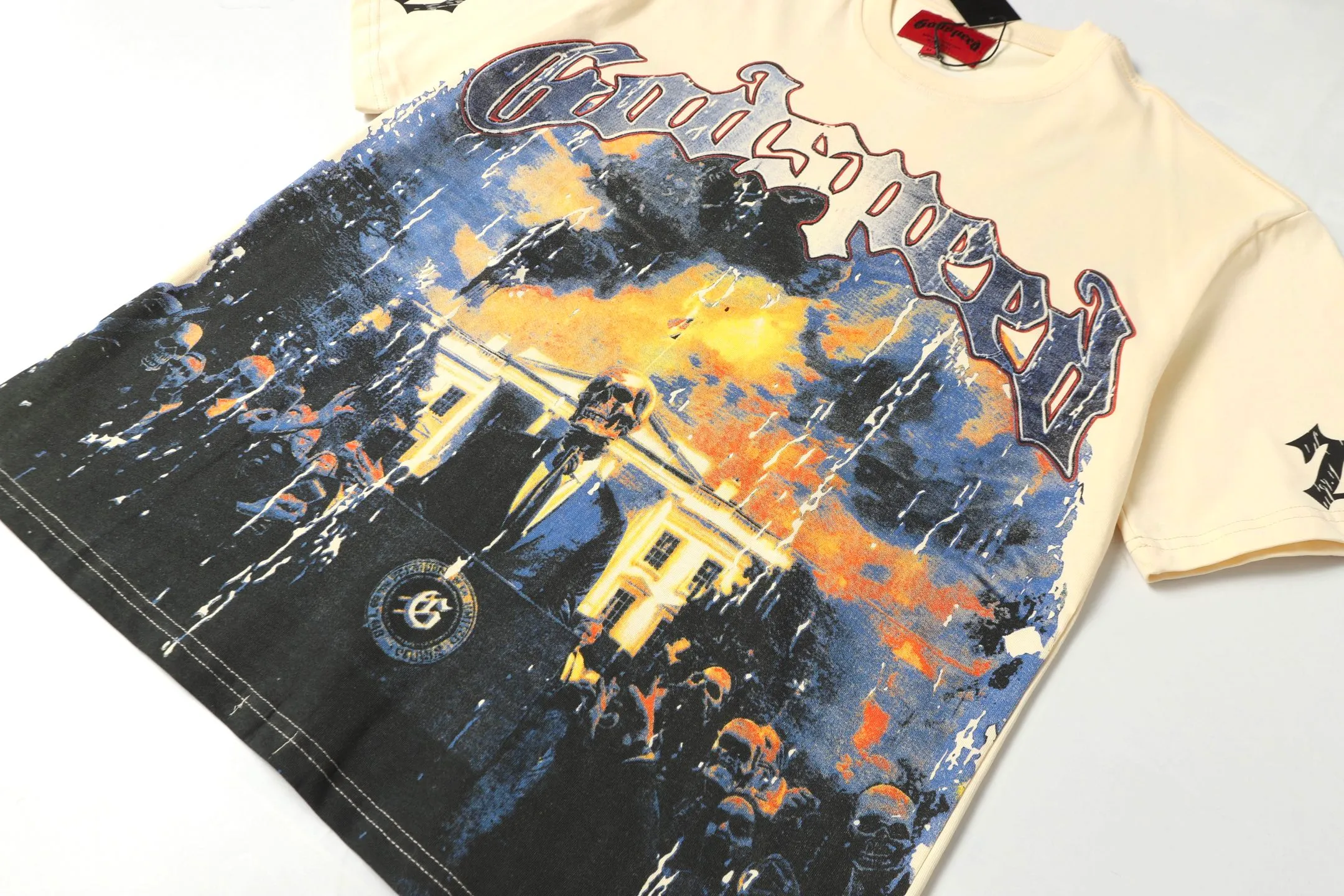 5051# White/Apricot | P104 Godspeed cross-border American rock and roll street washed retro style short-sleeved T (craft print) Fabric (fabric): 32-count combed double yarn 240 grams weight Size (size): S-M-L-XL Color (colour): white, apricot,