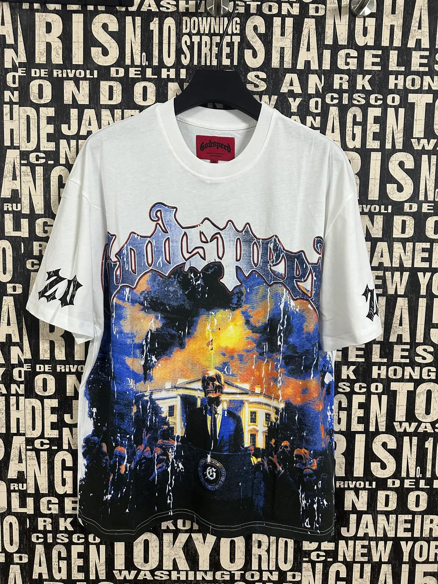 5051# White/Apricot | P104 Godspeed cross-border American rock and roll street washed retro style short-sleeved T (craft print) Fabric (fabric): 32-count combed double yarn 240 grams weight Size (size): S-M-L-XL Color (colour): white, apricot,