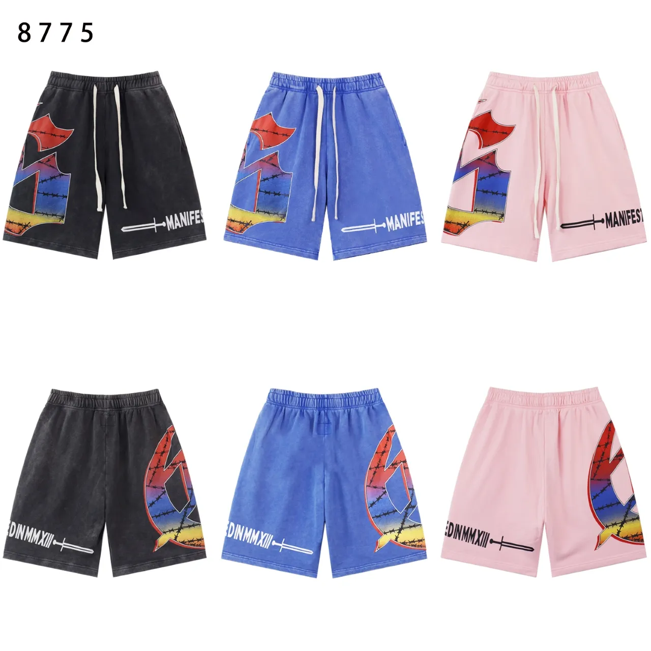 💰150 Style No.: BR 8775 Fabric: 380g washed, real shot, beautiful and fashionable Godspeed printed high-quality double yarn casual fashion brand washed distressed shorts Color; wash black, wash blue, wash pink Size: S M L XL