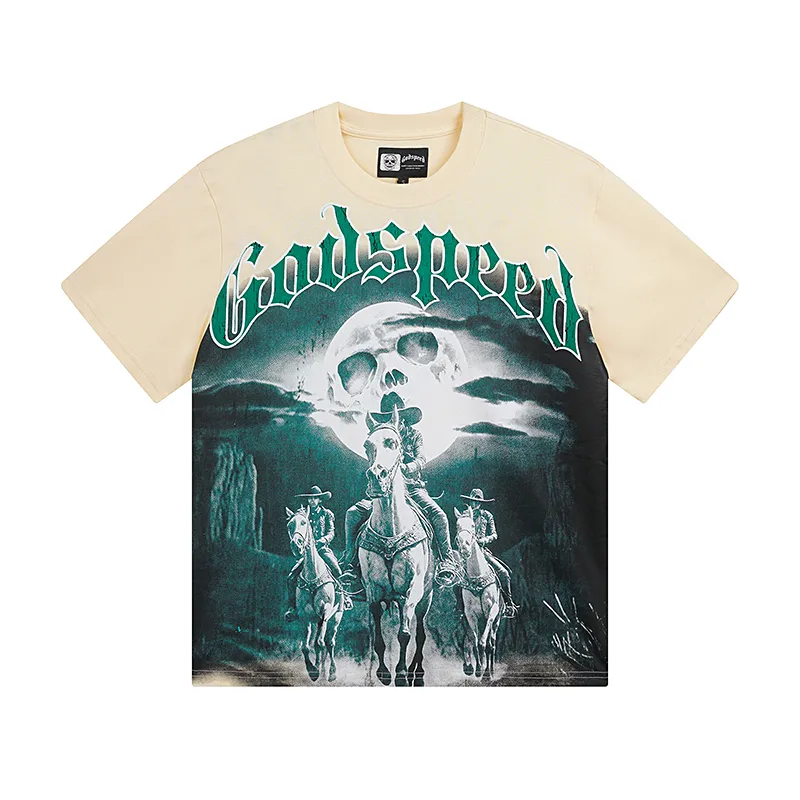 3038# P110 Real shot Godspeed American fashion rock street retro loose printed cotton short sleeves Fabric: 240g 32 count fine cotton double yarn pure cotton Color: apricot Size: S M L XL