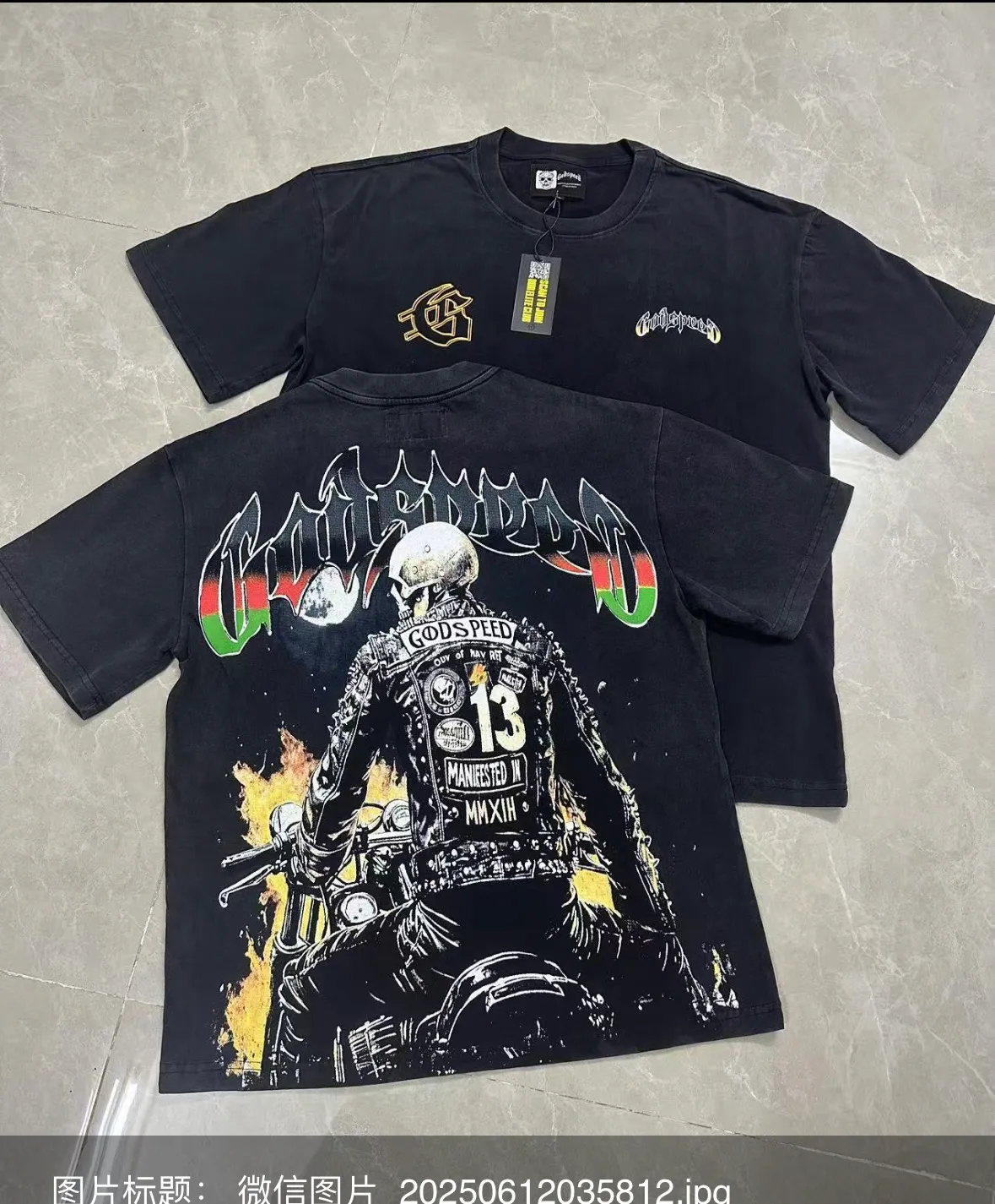 6107# washed black I P116 Godspeed cross-border American rock and roll street washed retro style short-sleeved T (process printing) fabric (fabric): washed black, blue: 32 count combed double yarn 250 grams weight code number (size): S-M-L-XL color (colour): washed black,