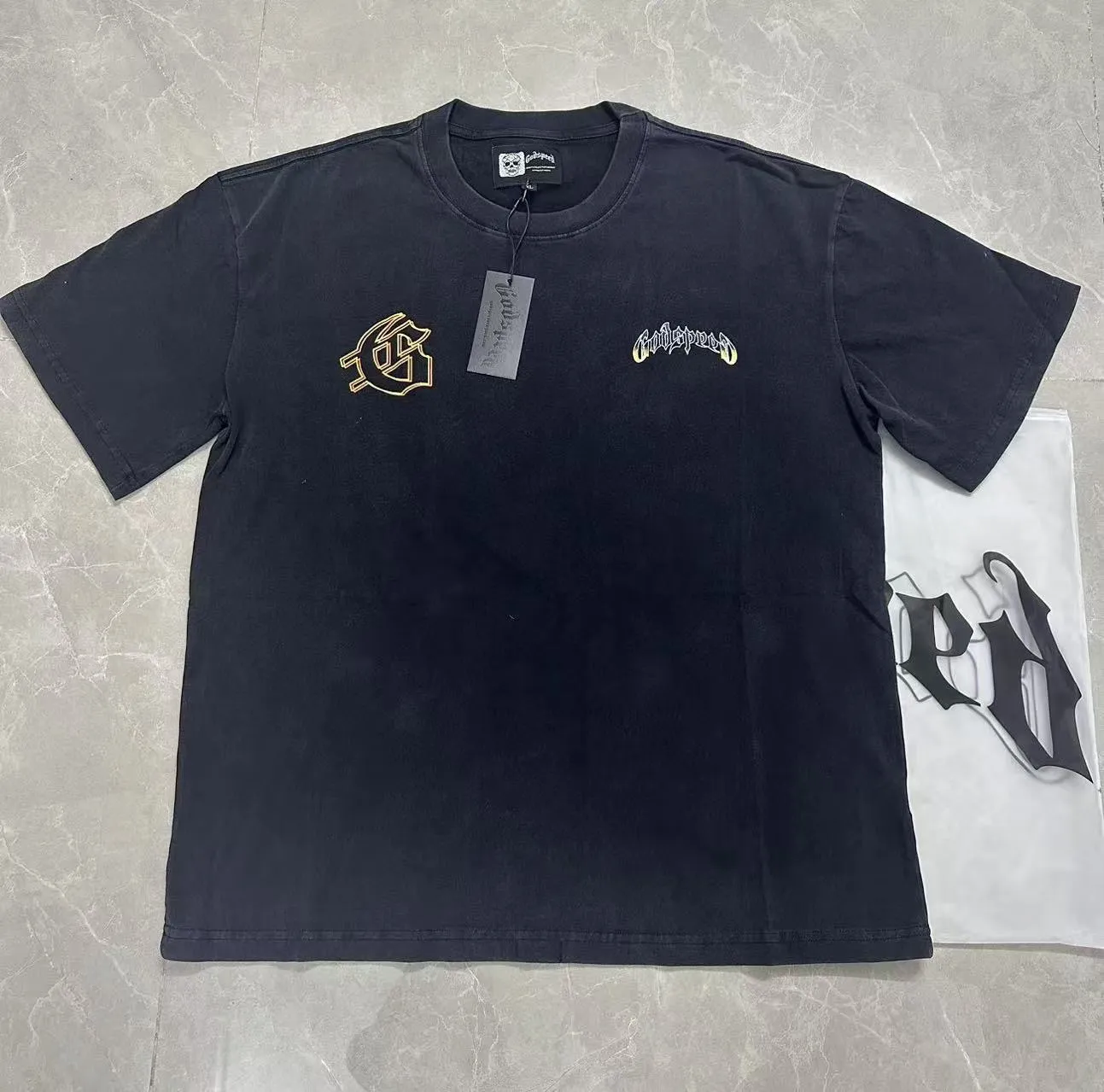 6107# washed black I P116 Godspeed cross-border American rock and roll street washed retro style short-sleeved T (process printing) fabric (fabric): washed black, blue: 32 count combed double yarn 250 grams weight code number (size): S-M-L-XL color (colour): washed black,