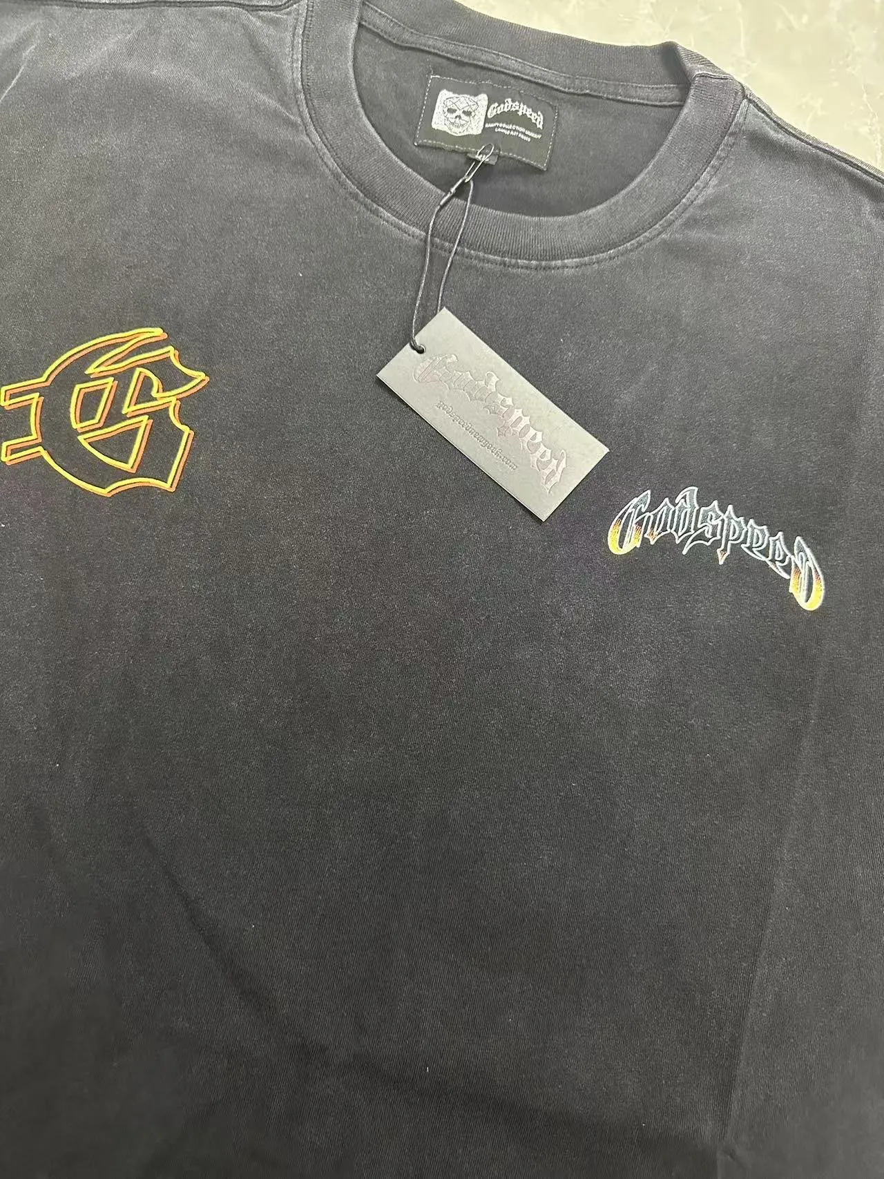 6107# washed black I P116 Godspeed cross-border American rock and roll street washed retro style short-sleeved T (process printing) fabric (fabric): washed black, blue: 32 count combed double yarn 250 grams weight code number (size): S-M-L-XL color (colour): washed black,