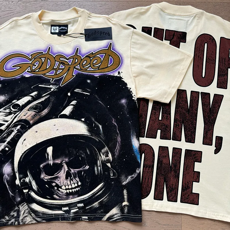 3130# P106 Real shot Godspeed American fashion rock street retro loose printed cotton short sleeves Fabric: 240g 32 count fine cotton double yarn pure cotton Color: apricot Size: S M L XL