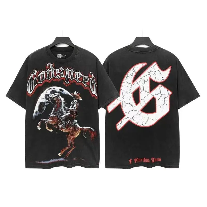 6040# washed black｜P116 Godspeed cross-border American rock and roll street washed retro style short-sleeved T (craft printing) fabric (fabric): 32 count combed double yarn 250 grams weight code (size): S-M-L-XL color (colour): washed black 👉