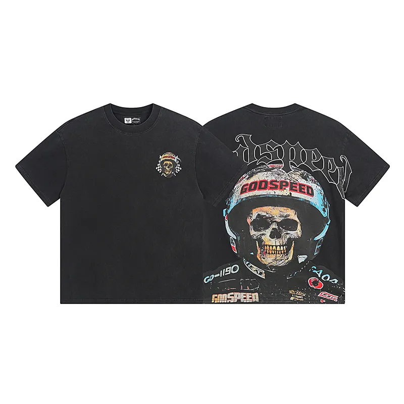 1076# P126 Washed Black Real Shot Godspeed American Fashion Rock Street Retro Washed Distressed Printed Pure Cotton Short Sleeves Fabric: 250g 32 Count Fine Cotton Double Yarn Pure Cotton Color: Washed Black Size: S M L XL