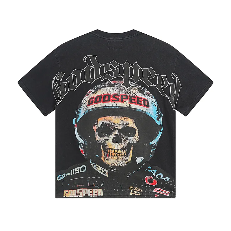 1076# P126 Washed Black Real Shot Godspeed American Fashion Rock Street Retro Washed Distressed Printed Pure Cotton Short Sleeves Fabric: 250g 32 Count Fine Cotton Double Yarn Pure Cotton Color: Washed Black Size: S M L XL