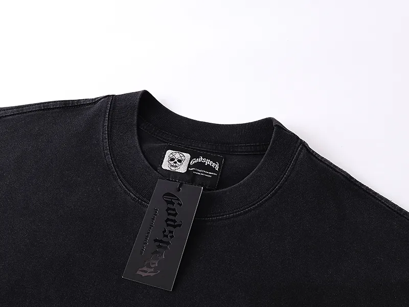 1076# P126 Washed Black Real Shot Godspeed American Fashion Rock Street Retro Washed Distressed Printed Pure Cotton Short Sleeves Fabric: 250g 32 Count Fine Cotton Double Yarn Pure Cotton Color: Washed Black Size: S M L XL