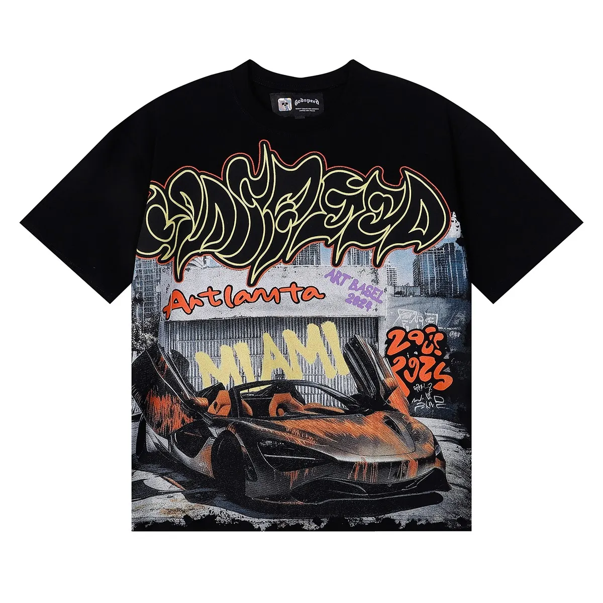 No. 7050, Mechao Godspeed Atlanta limited edition supercar printed high-quality double yarn pure cotton casual short-sleeved T-shirt batch 110 Color: black, white, green; Size: S M L XL