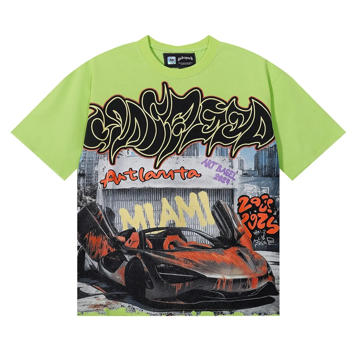 No. 7050, Mechao Godspeed Atlanta limited edition supercar printed high-quality double yarn pure cotton casual short-sleeved T-shirt batch 110 Color: black, white, green; Size: S M L XL