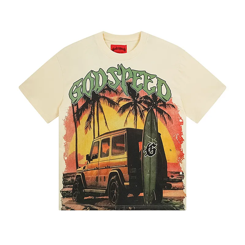 3108# P106 Real shot Godspeed American fashion rock street retro loose printed cotton short sleeves Fabric: 240g 32 count fine cotton double yarn pure cotton Color: apricot Size: S M L XL