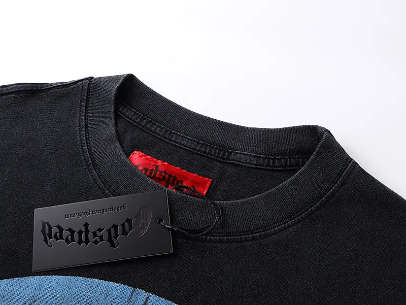 1097# P160 Washed Black Real Shot Godspeed American Fashion Rock Street Retro Washed Distressed Printed Pure Cotton Short Sleeves Fabric: 270g 32 Count Fine Cotton Double Yarn Pure Cotton Color: Washed Black Size: S M L XL
