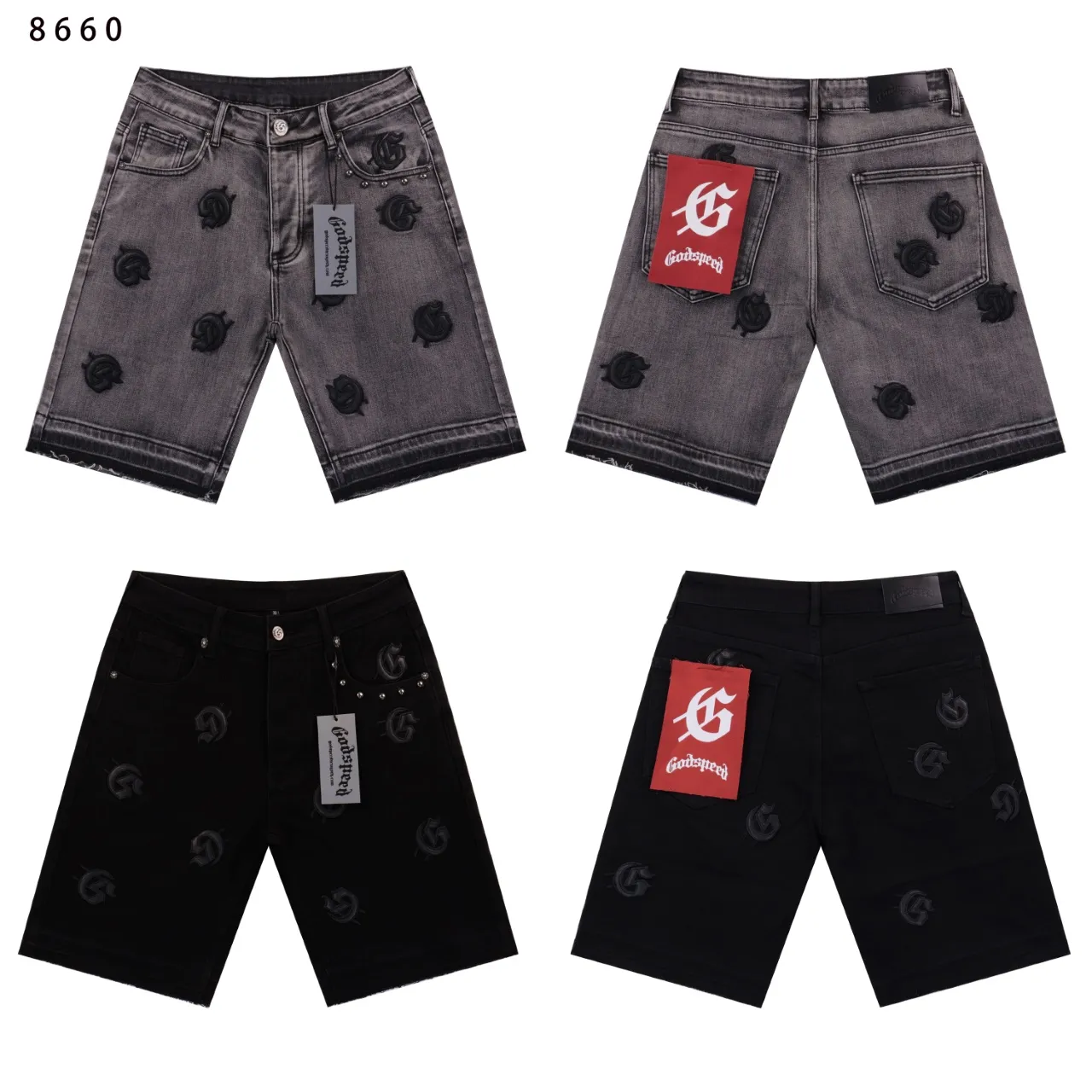 Style number: 8660 Fabric: Denim P180 Real shot of the trendy Godspeed embroidered denim shorts in stock, loose and trendy brand denim Color: smoke gray black (denim blue not released) Size 28 (S) 30 (M) 32 (L) 34 (XL) 36 (XXL) 38 (XXXL)