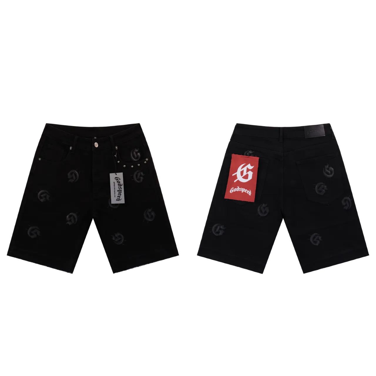 Style number: 8660 Fabric: Denim P180 Real shot of the trendy Godspeed embroidered denim shorts in stock, loose and trendy brand denim Color: smoke gray black (denim blue not released) Size 28 (S) 30 (M) 32 (L) 34 (XL) 36 (XXL) 38 (XXXL)