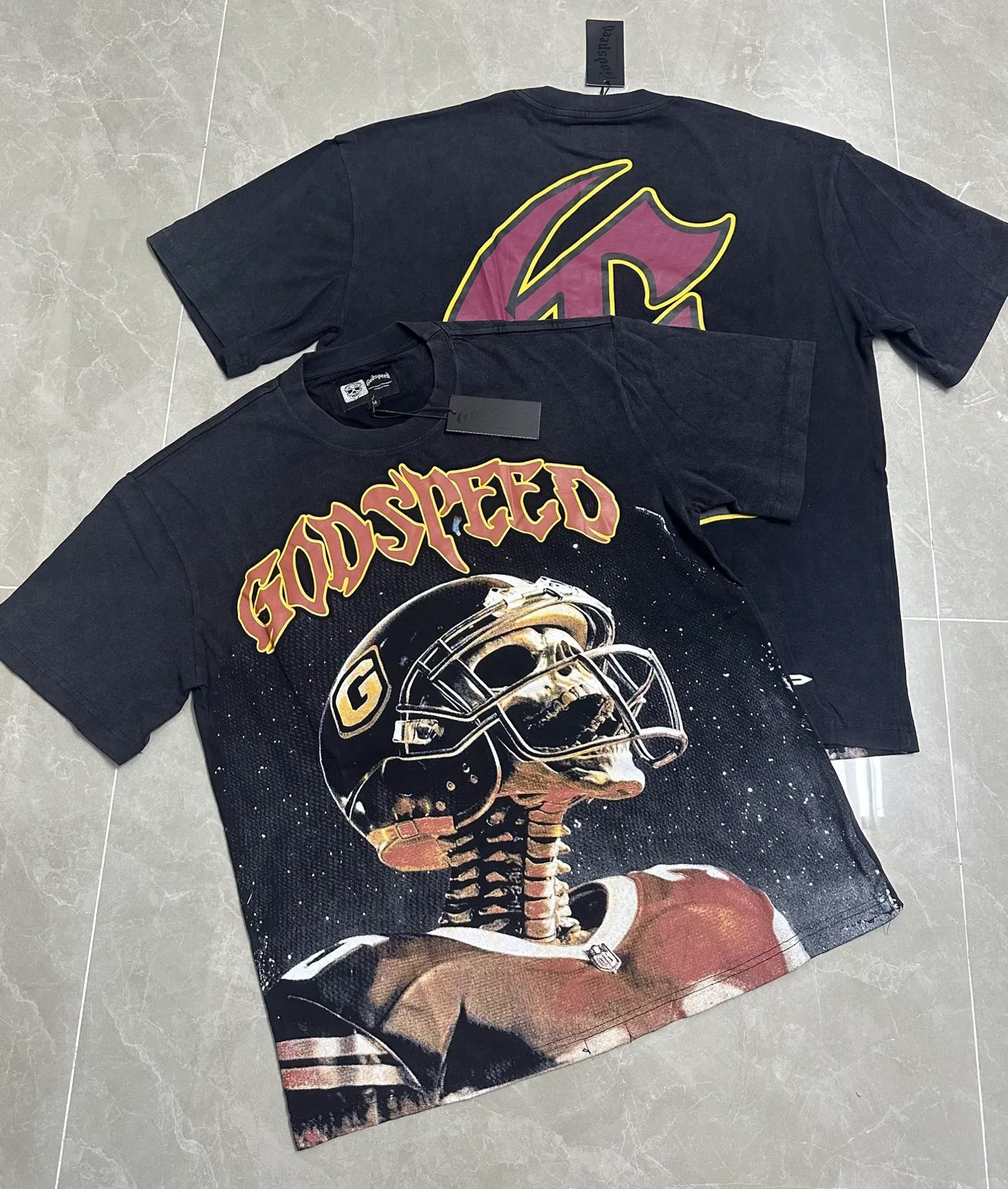 6123# Washed black I P116 Real shot (American fashion niche) Godspeed cross-border American rock and roll street washed retro style short-sleeved T (craft printing) Fabric (fabric): 32 counts combed double yarn 250 grams weight Size (size): S-M-L-XL Color (colour): Washed black