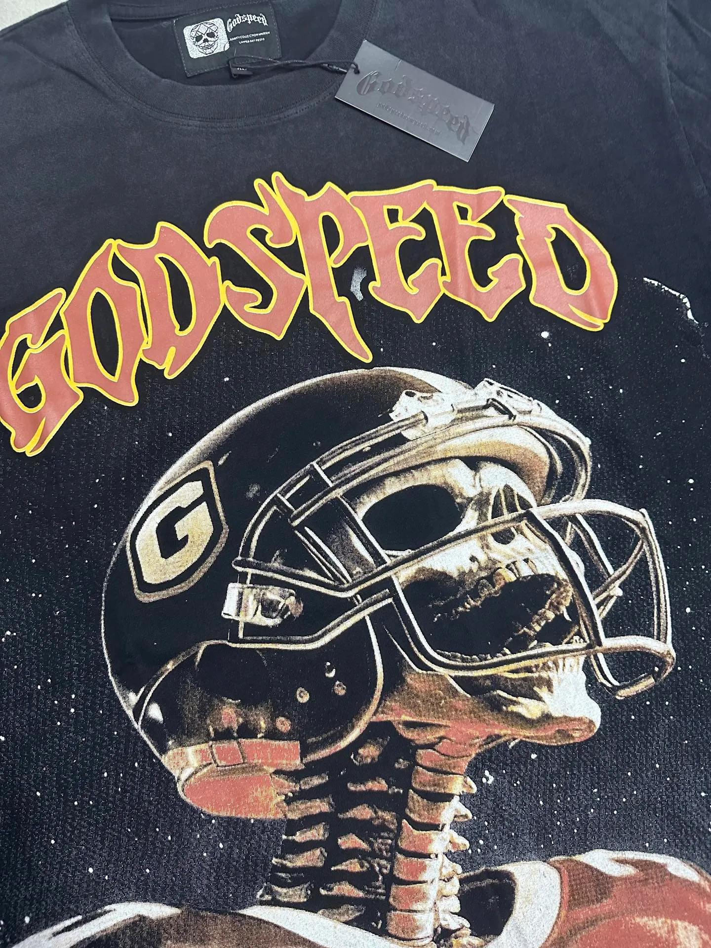 6123# Washed black I P116 Real shot (American fashion niche) Godspeed cross-border American rock and roll street washed retro style short-sleeved T (craft printing) Fabric (fabric): 32 counts combed double yarn 250 grams weight Size (size): S-M-L-XL Color (colour): Washed black