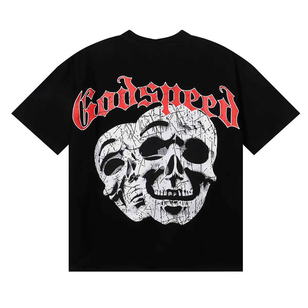 No. 7071, Mechao Godspeed double-sided skull face print high-quality double yarn pure cotton casual short-sleeved T-shirt batch 110 Color: black, white; Size: S M L XL