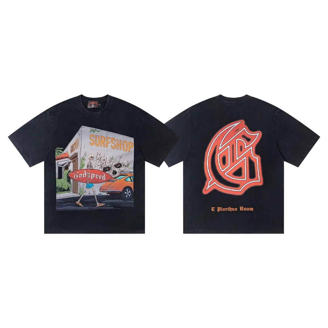 G28# GodSpeed ​​white ink direct spray washed short-sleeved S-XL size black (washed) P126