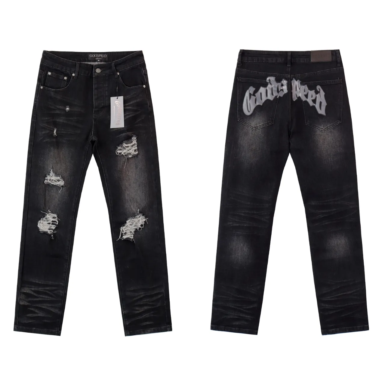 200💰Model No.: 8211 Fabric: Denim Real-stock Godspeed denim trousers, loose trendy brand stretch denim Color: Smoke Gray Black Blue Size 28 (S) 30 (M) 32 (L) 34 (XL) 36 (XXL) 38 (XXXL)