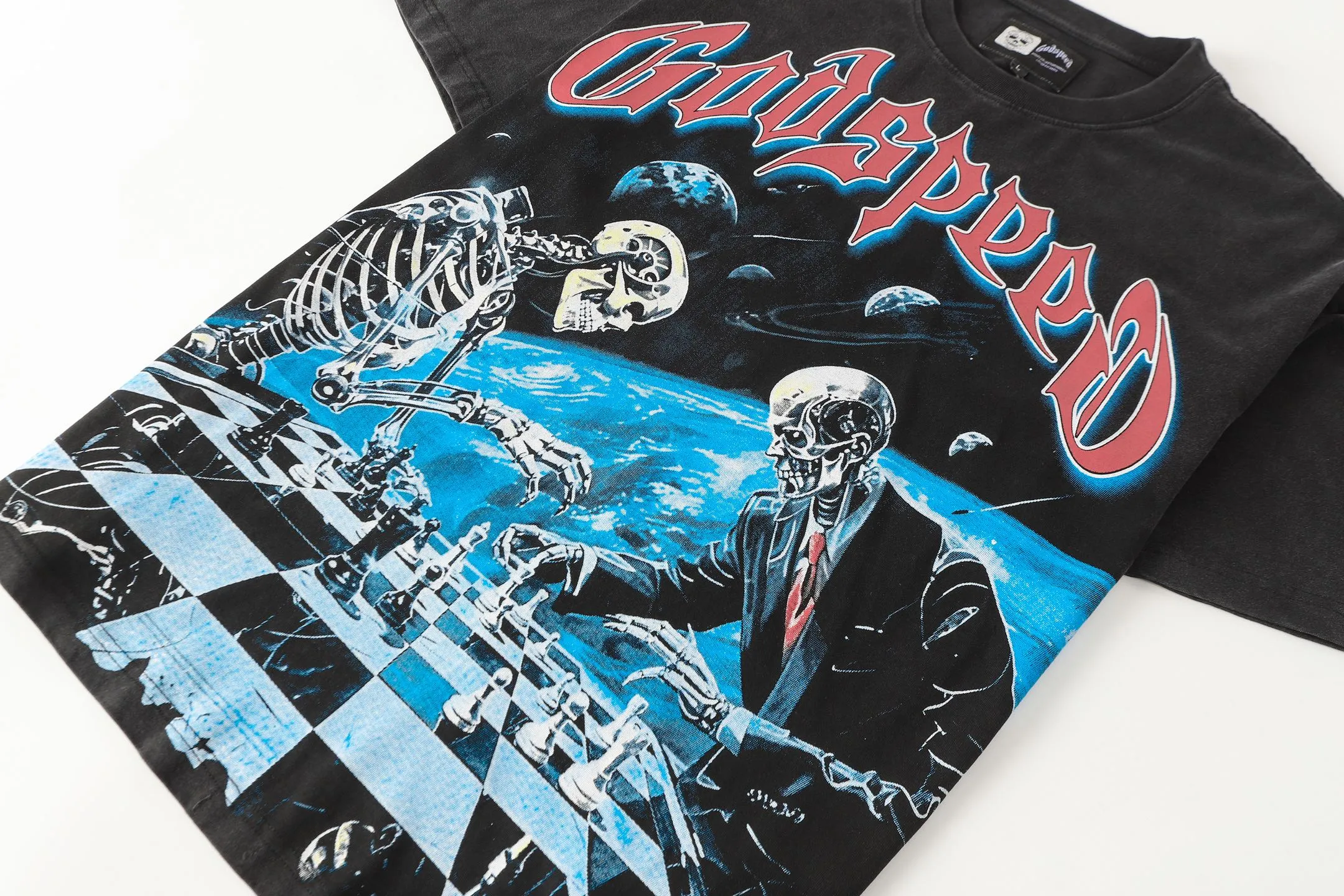 6102# washed black I P116 high-definition printing. soft touch Godspeed cross-border American rock and roll street washed retro style short-sleeved T (craft printing) fabric (fabric): 32 count combed double yarn 250 grams weight code (size): S-M-L-XL color (colour): washed black