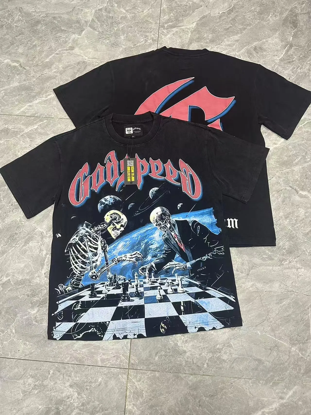 6102# washed black I P116 high-definition printing. soft touch Godspeed cross-border American rock and roll street washed retro style short-sleeved T (craft printing) fabric (fabric): 32 count combed double yarn 250 grams weight code (size): S-M-L-XL color (colour): washed black