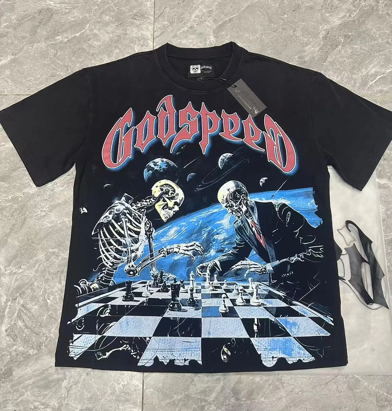 6102# washed black I P116 high-definition printing. soft touch Godspeed cross-border American rock and roll street washed retro style short-sleeved T (craft printing) fabric (fabric): 32 count combed double yarn 250 grams weight code (size): S-M-L-XL color (colour): washed black