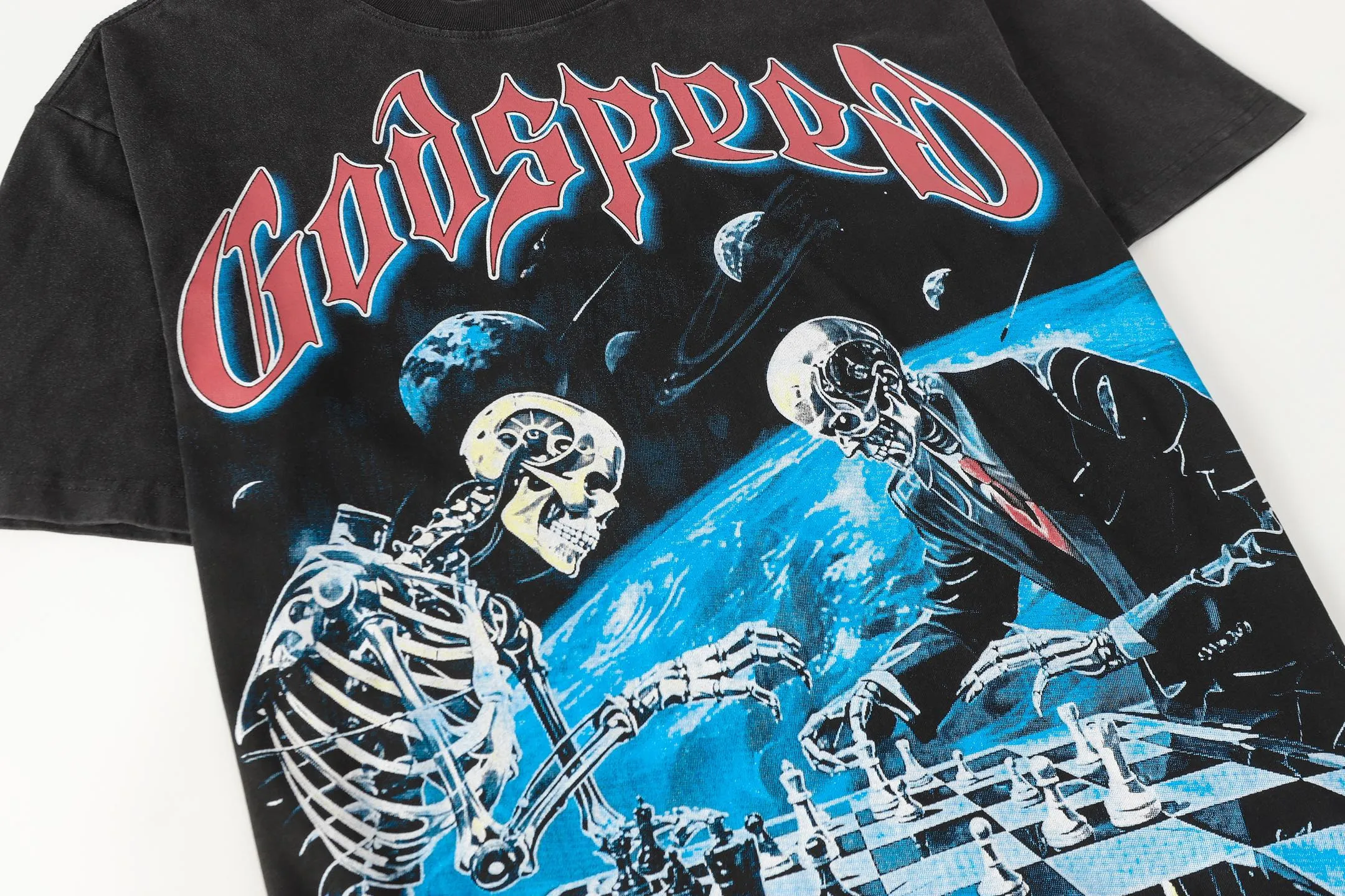 6102# washed black I P116 high-definition printing. soft touch Godspeed cross-border American rock and roll street washed retro style short-sleeved T (craft printing) fabric (fabric): 32 count combed double yarn 250 grams weight code (size): S-M-L-XL color (colour): washed black