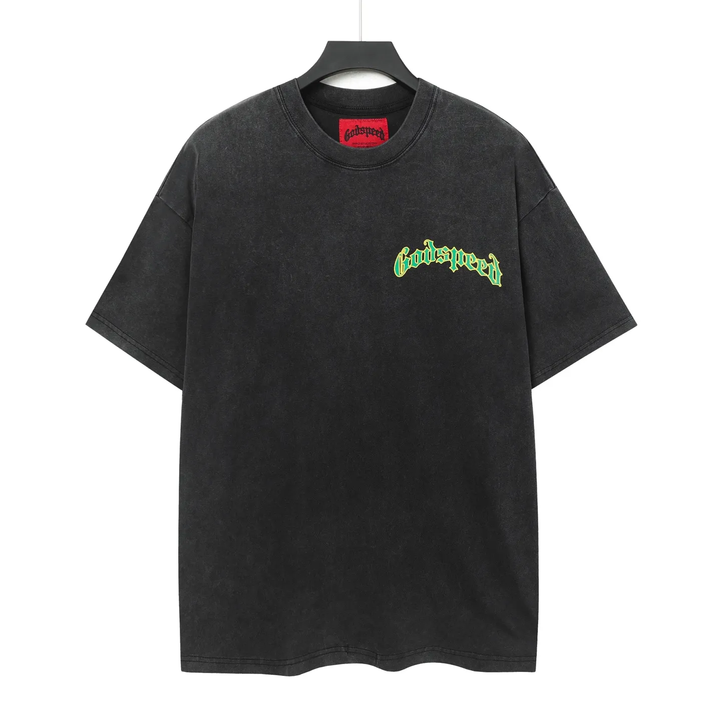 6050#washed black｜P116 Godspeed cross-border American rock and roll street washed retro style short-sleeved T (craft printing) fabric (fabric): 32 count combed double yarn 250g weight size (size): S-M-L-XL color (colour): washed black 👉