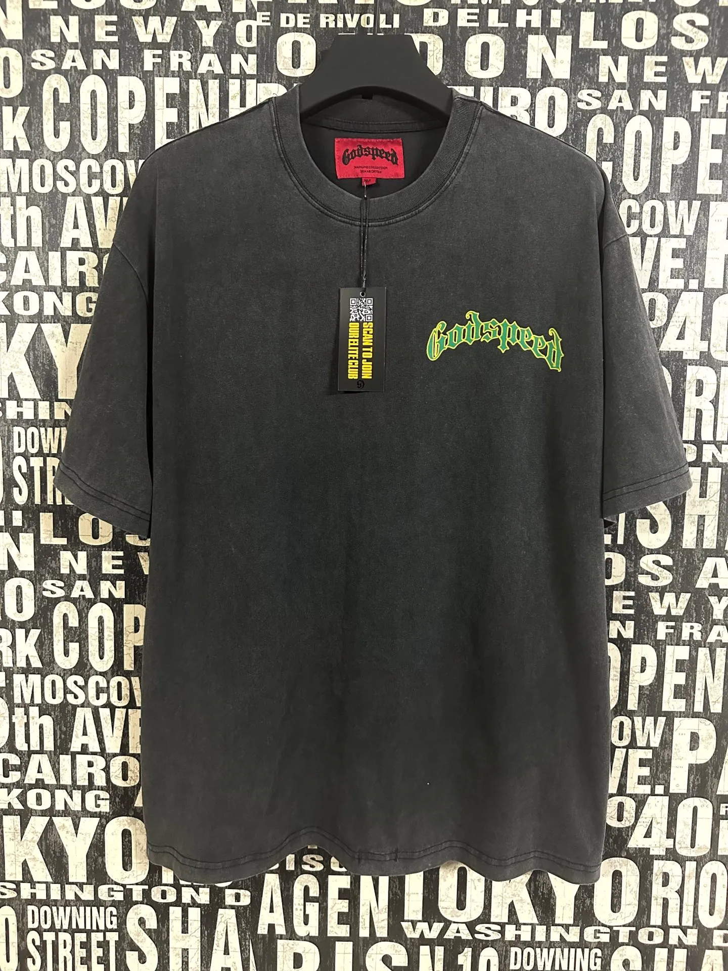 6050#washed black｜P116 Godspeed cross-border American rock and roll street washed retro style short-sleeved T (craft printing) fabric (fabric): 32 count combed double yarn 250g weight size (size): S-M-L-XL color (colour): washed black 👉